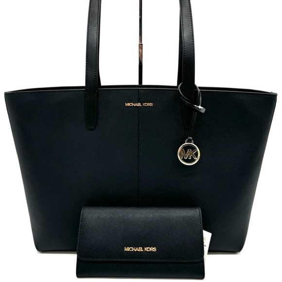 Michael Kors Medium Jet Set Travel Zip Tote Bag & Trifold Wallet Black/Gold - Picture 1 of 13